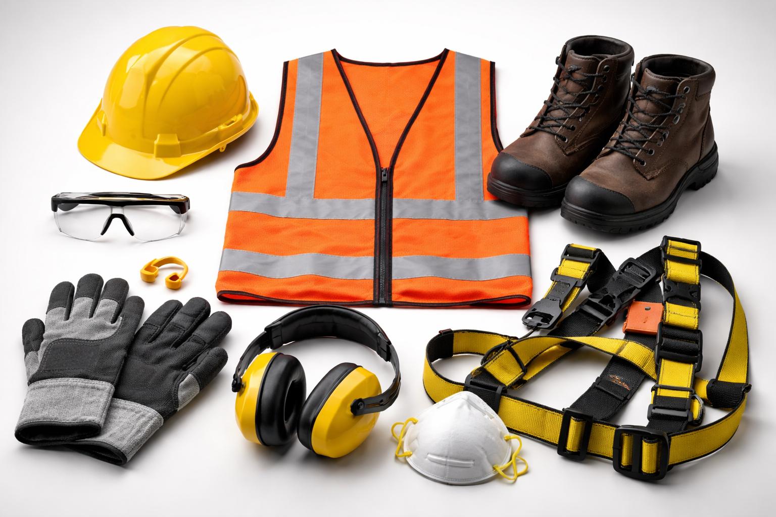 Complete PPE set including hard hat, gloves, boots, vest, goggles, respirator
