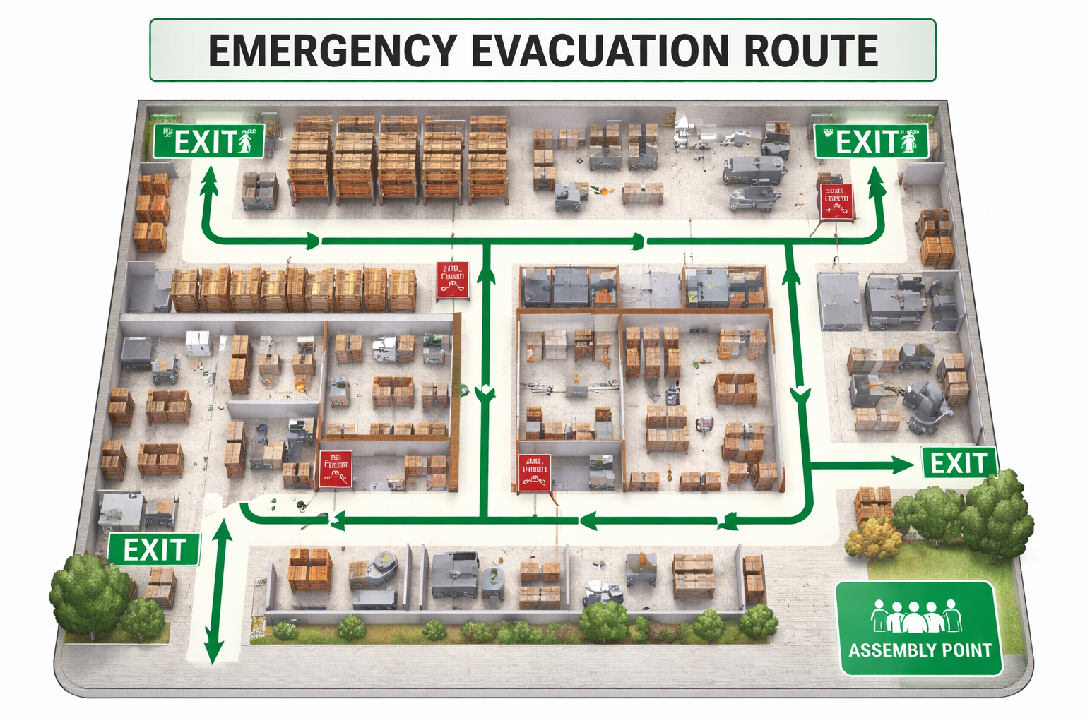 Emergency evacuation route with exit signs and assembly points