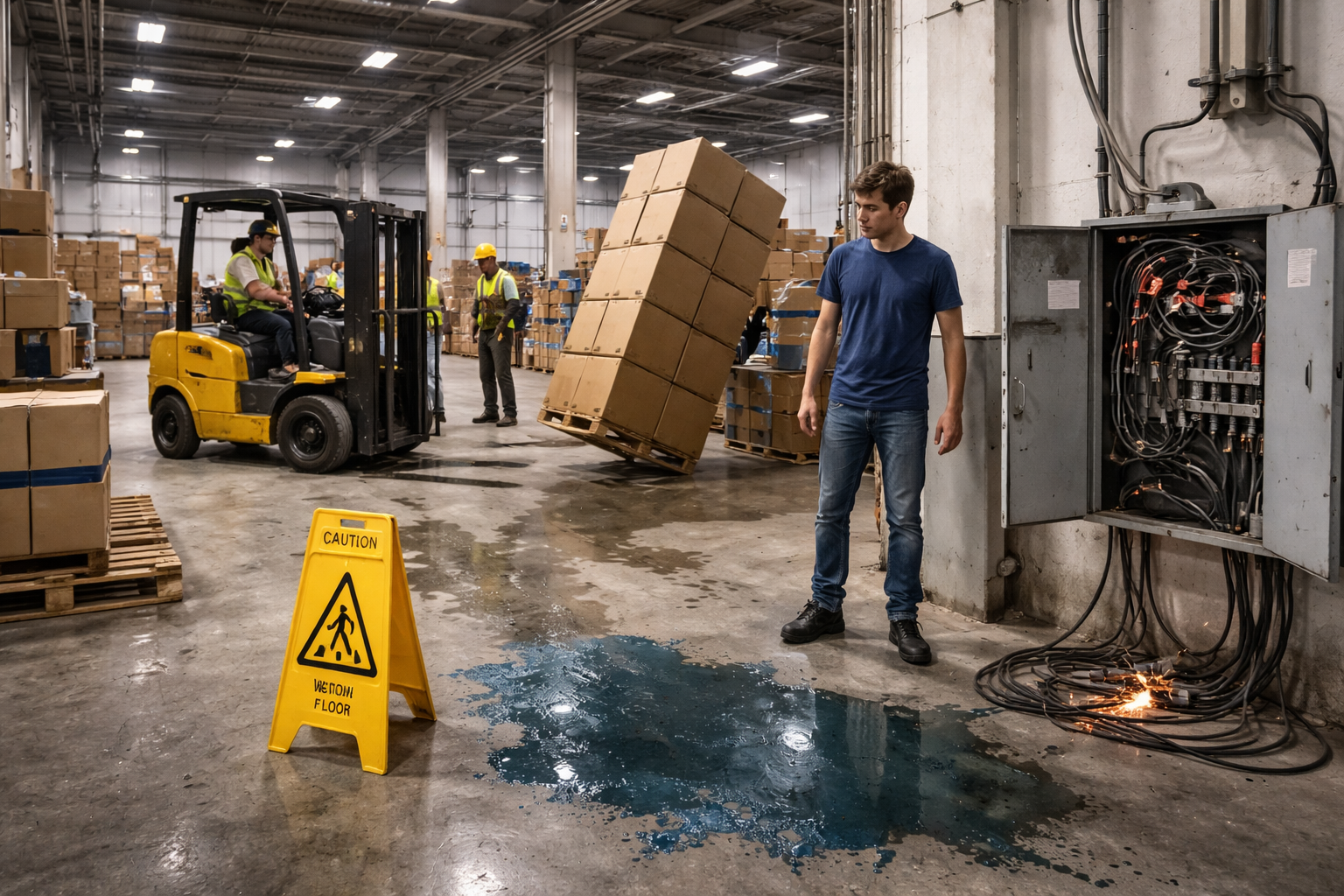 Warehouse with multiple safety hazards