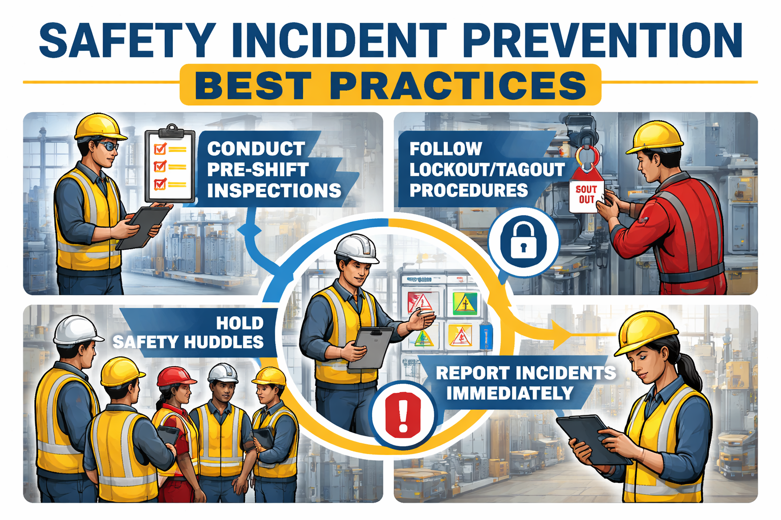 Safety incident prevention practices including inspections, LOTO, and reporting