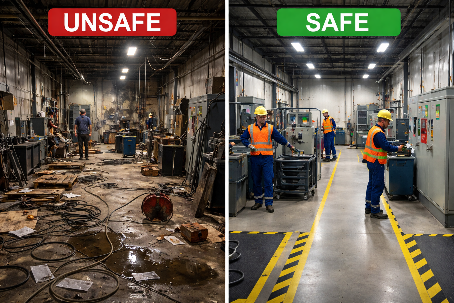 Side-by-side comparison of unsafe versus safe workplace